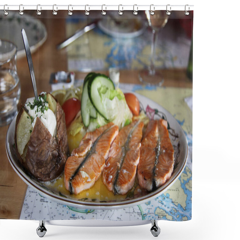 Personality  Traditional Icelandic Dish With Salmon Steak And Baked Potatoes And Vegetables Shower Curtains