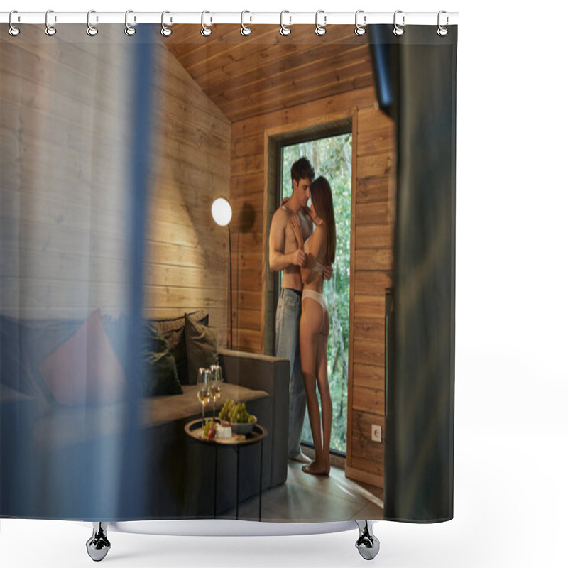 Personality  Sensual Woman In Underwear Hugging Shirtless Boyfriend Near Food And Wine In Vacation House Shower Curtains