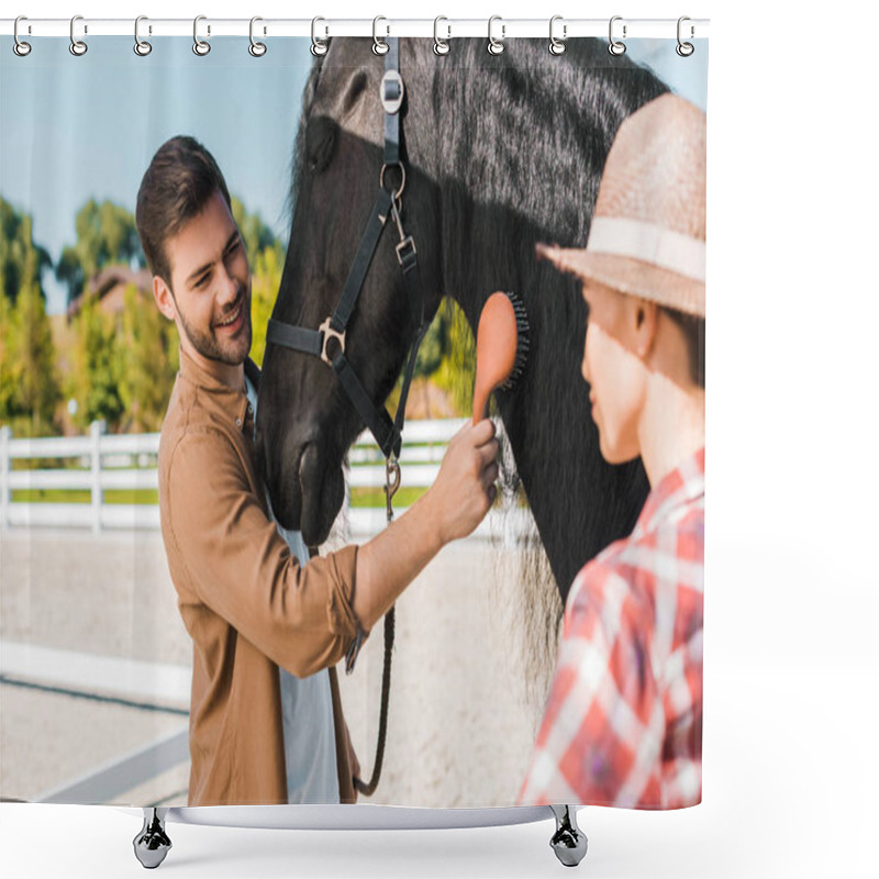 Personality  Handsome Smiling Equestrian Combing Black Horse Mane At Horse Club Shower Curtains