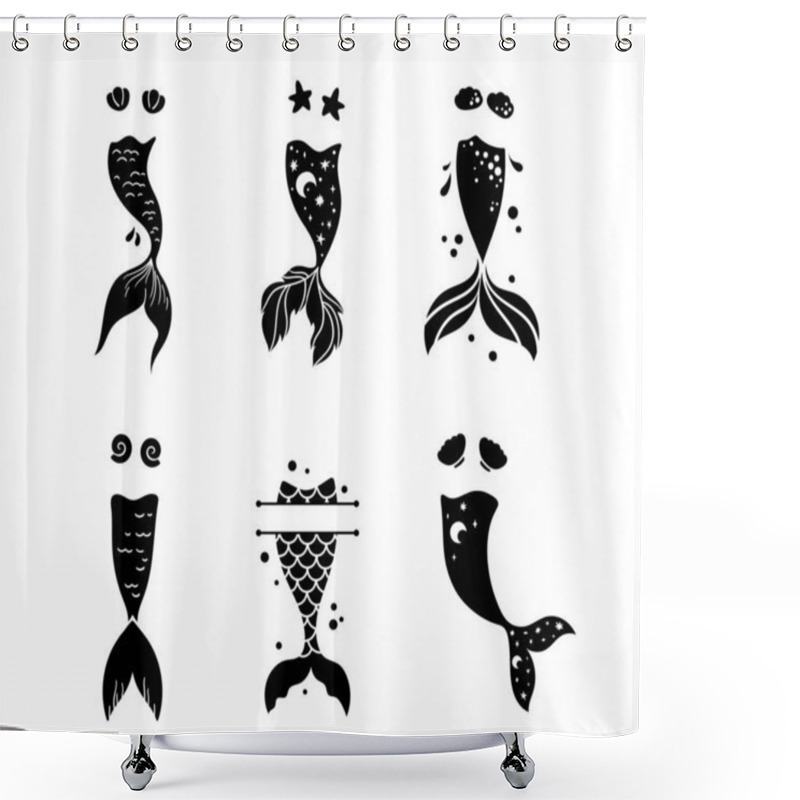 Personality  Little Mermaid Tail Isolated Clipart Bundle, Baby Mermaid Decor, Sea Underwater Life Black And White Vector Graphic, Magic Fish Tail And Monogram Frame Items Shower Curtains