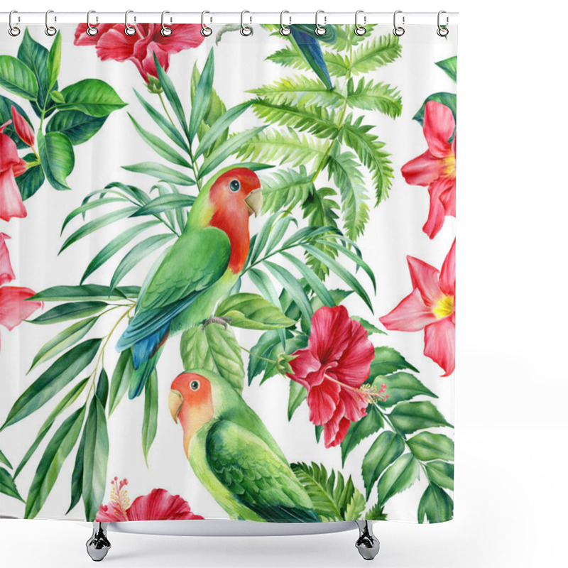 Personality  Seamless Patterns. Parrots And Palm Leaves, Tropical Plants On White Background, Watercolor Botanical Illustration Shower Curtains