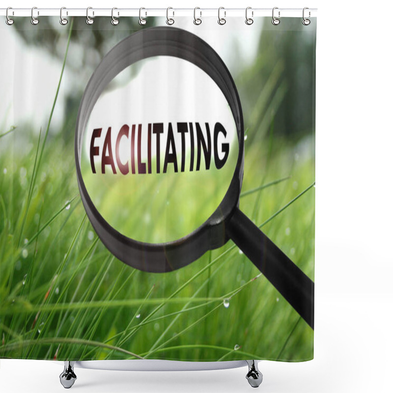 Personality  Magnifying Glass With The Word Facilitating On Grass Background. Selective Focus Shower Curtains