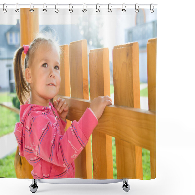 Personality  Cute Little Girl Is Standing Near A Fence Shower Curtains