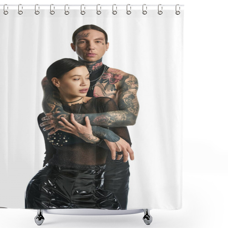 Personality  A Young, Stylish Couple With Intricate Tattoos On Their Arms Poses In A Studio Against A Grey Background. Shower Curtains