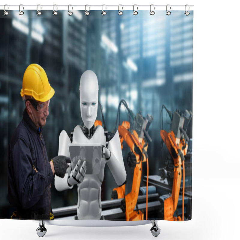 Personality  Mechanized Industry Robot And Human Worker Working Together In Future Factory Shower Curtains