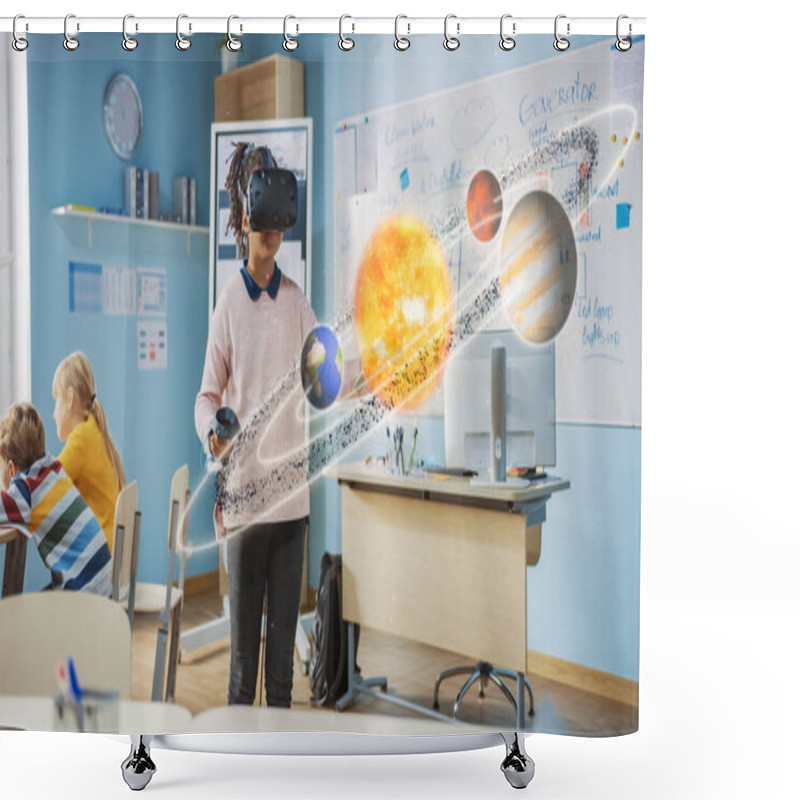 Personality  Cute Girl Wearing Augmented Reality Headset And Using Controllers Interacts With 3D Solar System. Futuristic School Science Class For Children Learning In STEM Programs. VFX, Special Effects Render Shower Curtains