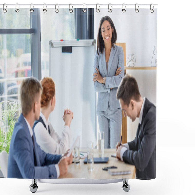 Personality  Young Businesswoman Presenting Her Idea To Colleagues In Modern Office Shower Curtains