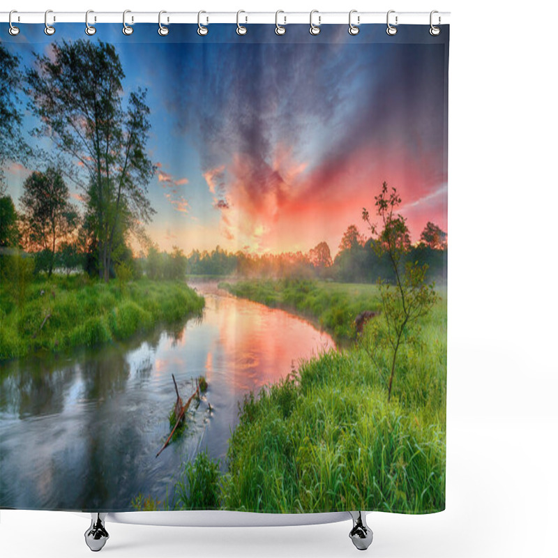 Personality  Beautiful Summer Sunrise Over River Banks Shower Curtains