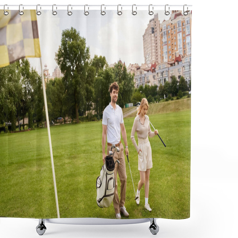 Personality  A Man And Woman Dressed Elegantly Walk On A Lush Golf Course, Embodying Old Money Style And A Life Of Luxury. Shower Curtains