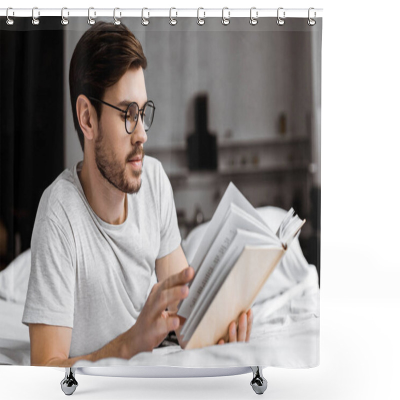 Personality  Young Man In Eyeglasses Lying In Bed And Reading Book In The Morning Shower Curtains