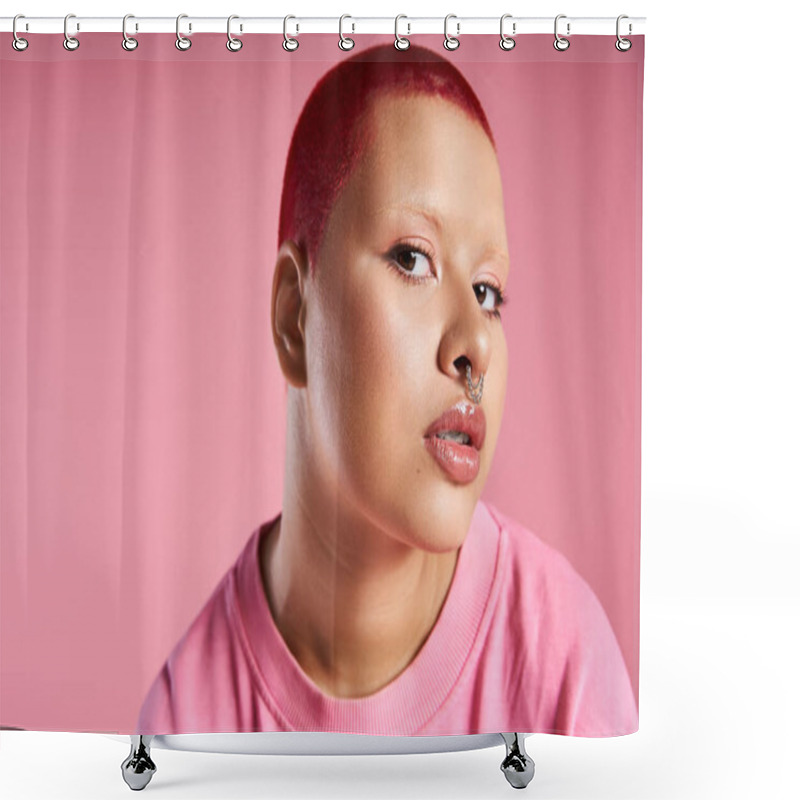 Personality  A Stylish Young Woman With Short Pink Hair And A Nose Ring Confidently Showcases Her Unique Fashion Sense In A Studio. Shower Curtains