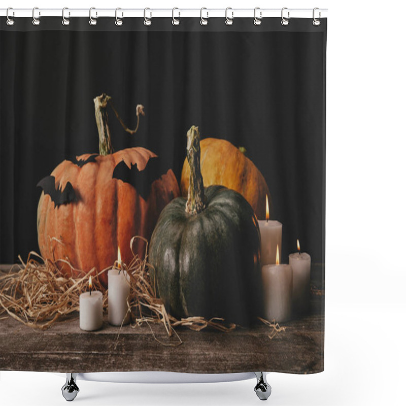 Personality  Pumpkins, Candles And Paper Bats On Wooden Table, Halloween Concept Shower Curtains