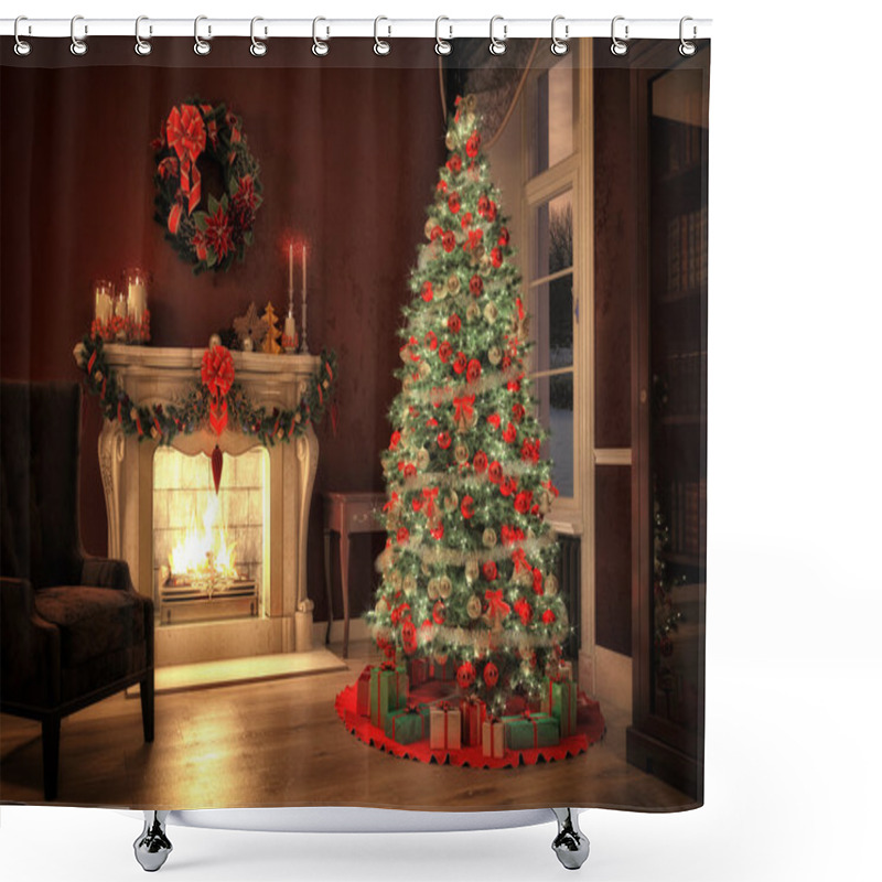 Personality  Christmas Scene With Gifts And Fire In Background. 3D Rendering Shower Curtains