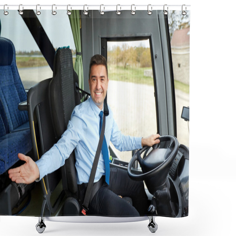 Personality  Happy Driver Inviting On Board Of Intercity Bus Shower Curtains