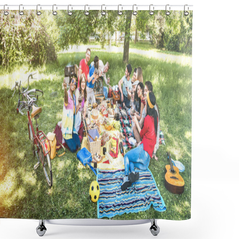 Personality  Happy Friends Group Having Fun Outdoor Cheering At Bbq Picnic With Snacks Food Drinking Red Wine - Young People Enjoying Spring Time Together At Barbecue Garden Party - Youth Milennials Concept Shower Curtains