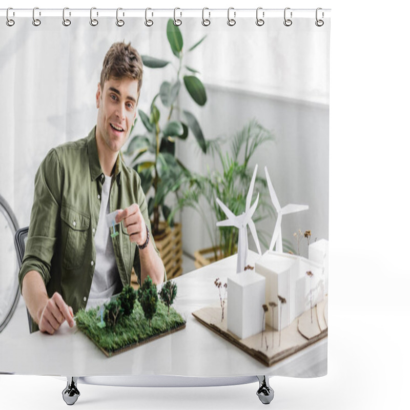 Personality  Handsome Architect Smiling And Holding Solar Panels Models Over Grass On Table In Office Shower Curtains