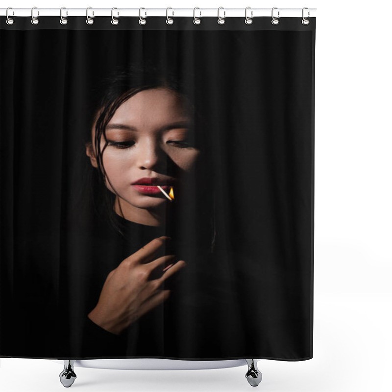 Personality  Portrait Of Pretty Asian Model With Burning Matchstick In Mouth Isolated On Black Shower Curtains