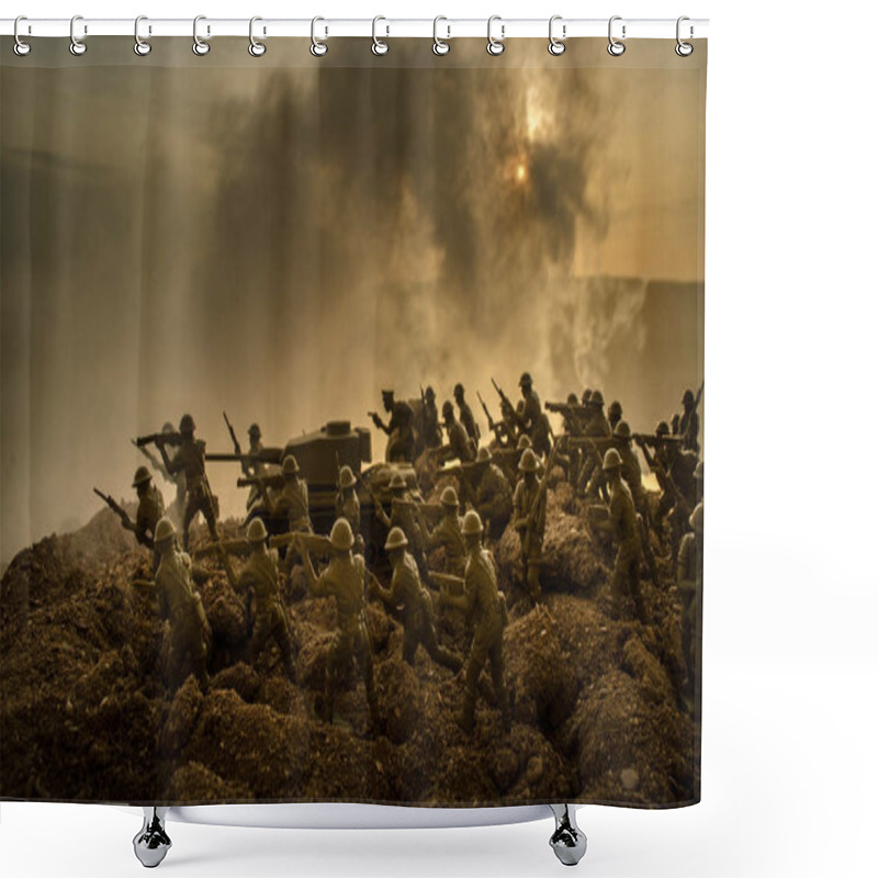 Personality  War Concept. Military Silhouettes Fighting Scene On War Fog Sky Background, World War Soldiers Silhouettes Below Cloudy Skyline At Night. Attack Scene. Armored Vehicles. Tanks Battle Shower Curtains