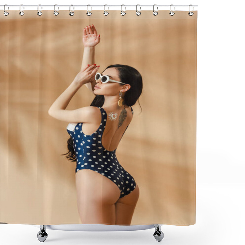 Personality  Sexy Brunette Woman In Polka Dot Swimsuit And Sunglasses Posing On Beige Background Shower Curtains