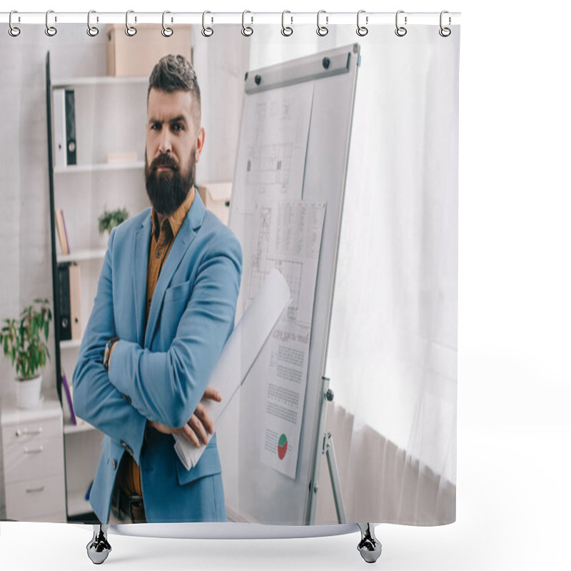 Personality  Serious Adult Male Architect In Blue Formal Wear Looking At Camera, Holding Blueprint, Using Flip Chart And Working On Project In Office Shower Curtains