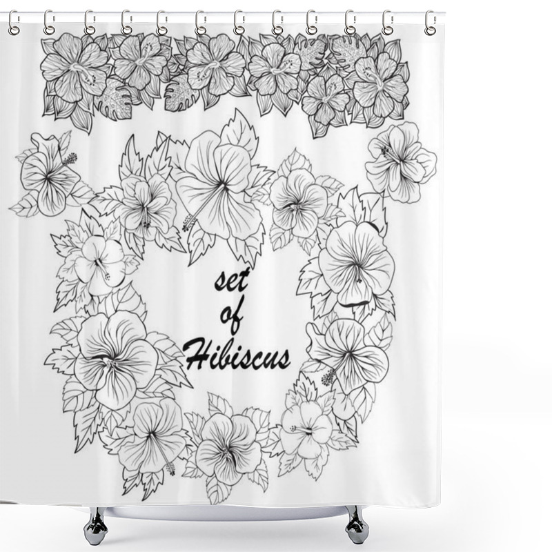 Personality  Set Of Hibiscus Exotic Tropic Botany Leaves And Flowers Sketch. Shower Curtains