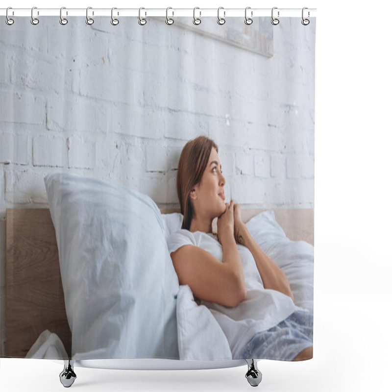 Personality  Young Smiling Woman Dreaming While Lying On Bed  Shower Curtains