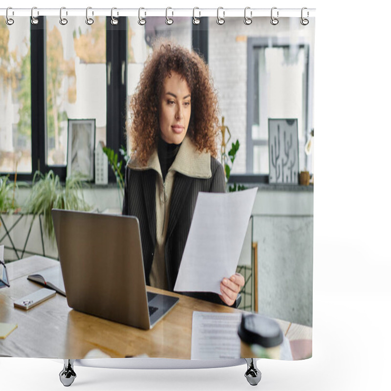 Personality  In A Stylish Office, A Woman Attentively Examines Important Papers While Seated At Her Desk. Shower Curtains