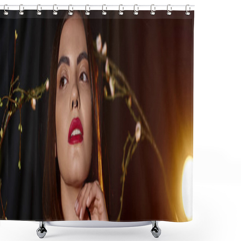 Personality  Sensual Young Woman In Transparent Dress Posing Near Blooming Flowers On Branches, Banner Shower Curtains