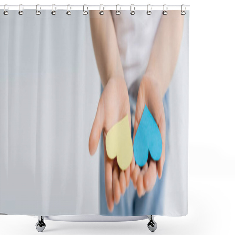 Personality  Partial View Of Kid With Blue And Yellow Paper Hearts On Open Palms Isolated On Grey, Banner Shower Curtains