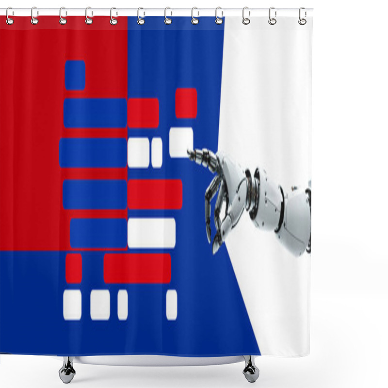 Personality  Shape Of The Map Of The USA, The United States Of America As American, State-borders Outline Simplified Rounded Symbol And Robot Arm With Hand Pointing, AI Technology, White Humanoid Android, Artificial Intelligence, Autonomous Robot Design Shower Curtains