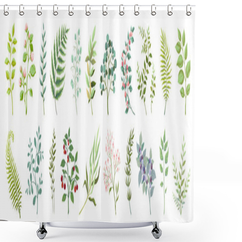 Personality  Botanic Elements. Trendy Wild Flowers And Branches, Plants And Leaves Green Collection. Vector Vintage Greenery Floral Bouquet Shower Curtains