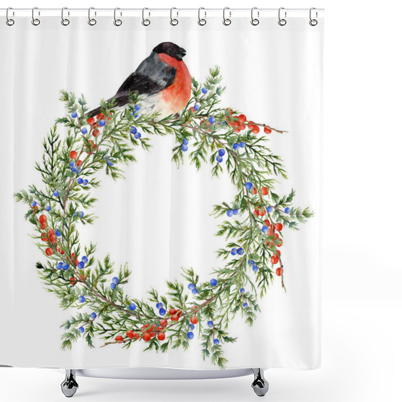 Personality  Watercolor Juniper Wreath With Red Berries And Bullfinch. Hand Painted Evergreen Branch With Berries And Bird On White Background. Botanical Illustration For Design Or Print. Shower Curtains