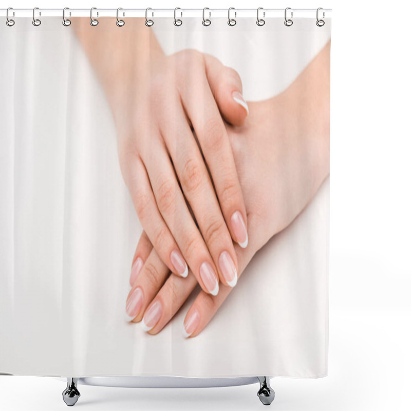 Personality  Cropped View Of Female Hands With Natural Manicure, Isolated On White Shower Curtains