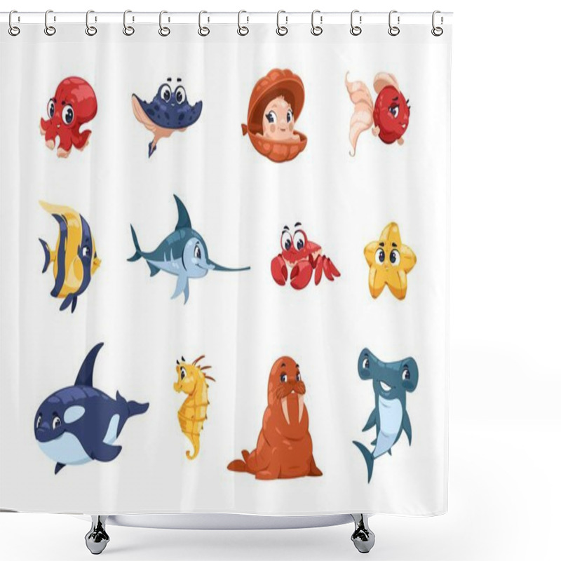 Personality  Cartoon Fish Characters. Cute Underwater Animal Mascots, Big Eyes And Adorable Faces, Sea And Ocean Habitats For Childrens Illustration. Funny Walrus And Shark, Vector Isolated Set Shower Curtains