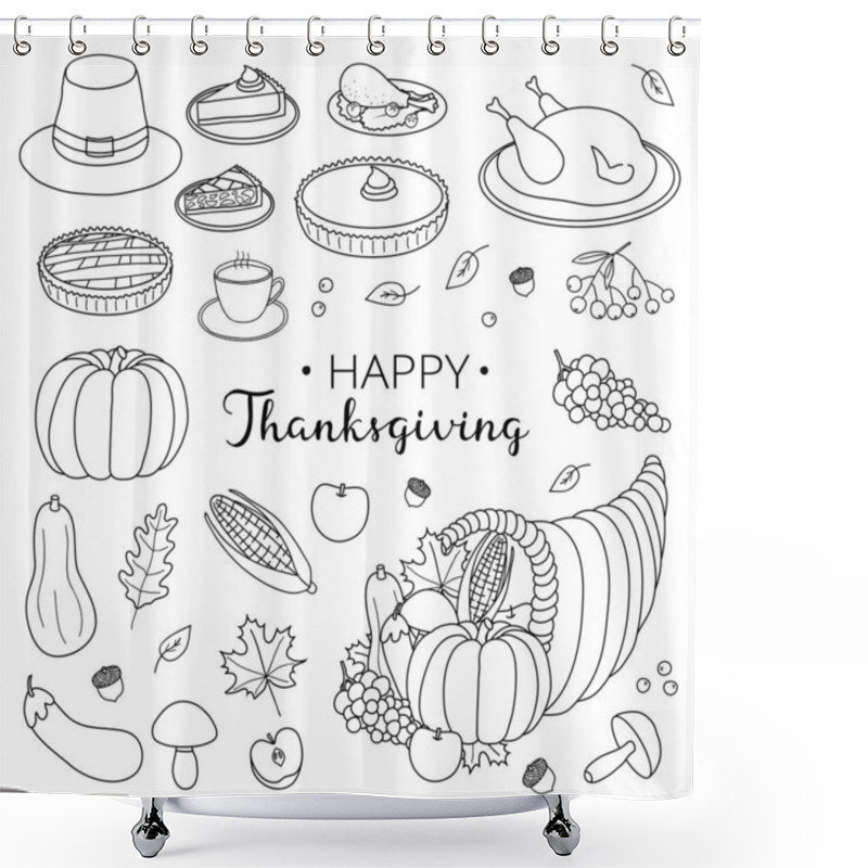 Personality  Hand Drawn Outline Items For Thanksgiving Day Celebration Isolated On White Background. Shower Curtains