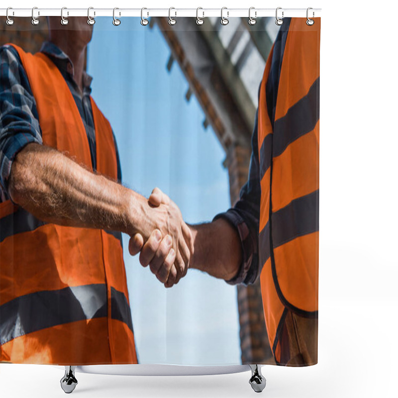 Personality  Cropped View Of Men Shaking Hands Against Blue Sky  Shower Curtains