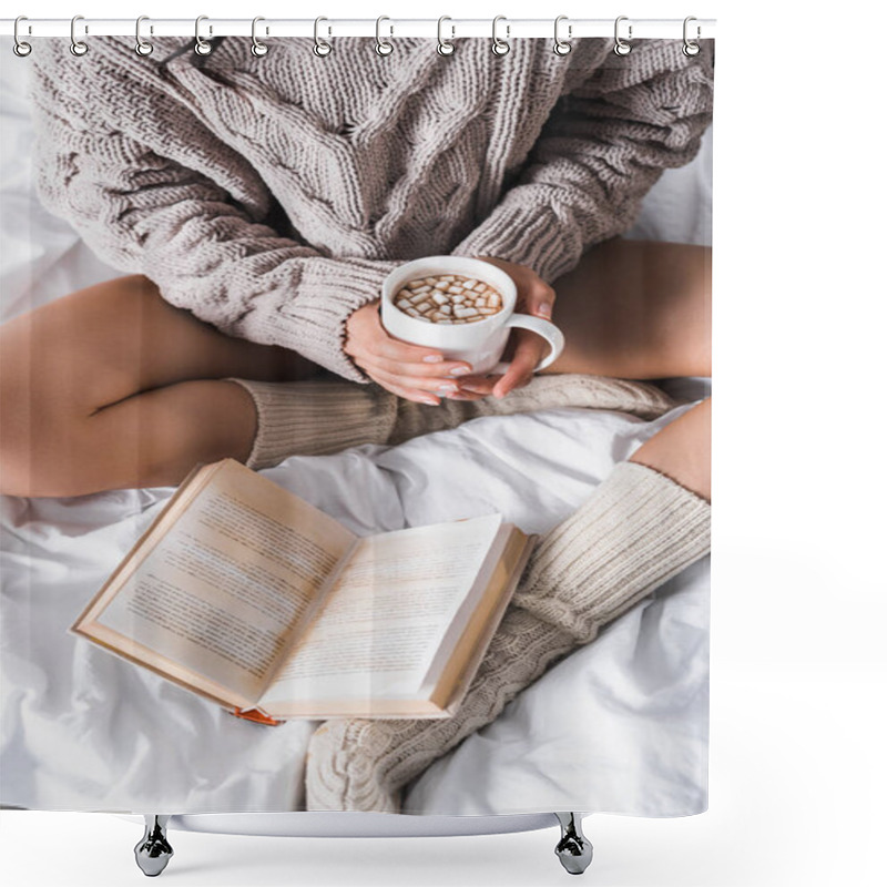 Personality  Cropped View Of Woman In Sweater And Knitted Socks Sitting In Bed With Mug Of Hot Cocoa And Book At Morning Shower Curtains