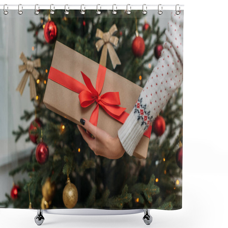 Personality  Woman Holding Christmas Gift Shower Curtains