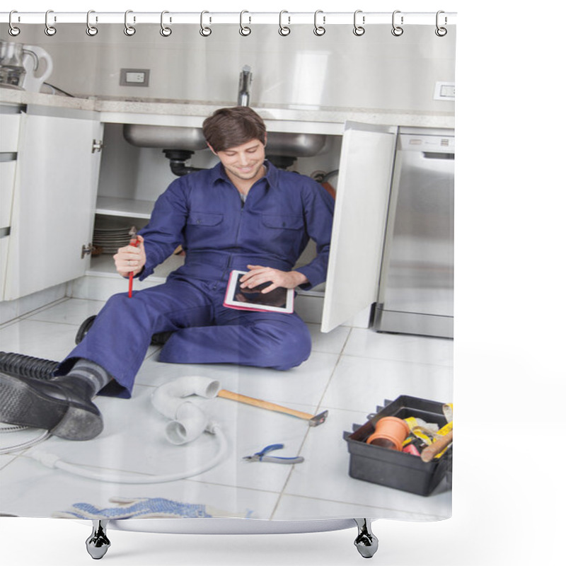 Personality  Plumber Looking At His Tablet Shower Curtains