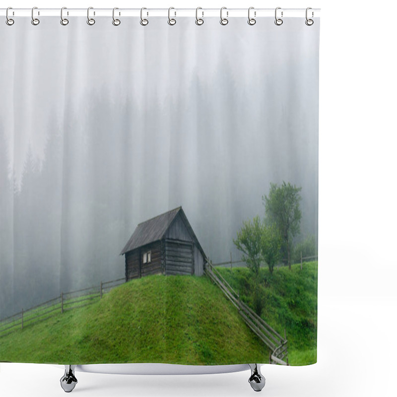 Personality  Wooden Hut On A Green Meadow Against The Background Of The Forest In The Fog Shower Curtains