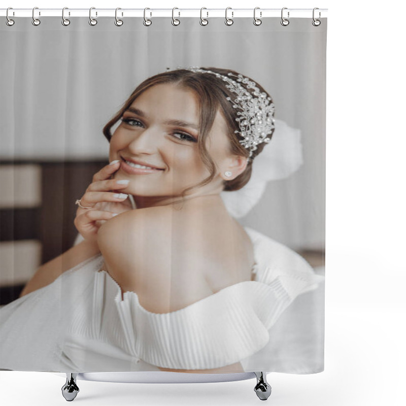 Personality  Beautiful Bride With A Fashionable Wedding Hairstyle, Wedding Nude Makeup. Close Up Portrait Of Young Gorgeous Bride, Posing In Room In The Wedding Morning. High Quality Photo Shower Curtains