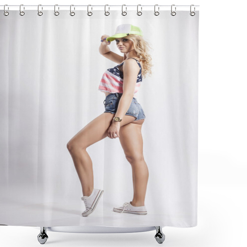 Personality  Blonde Woman Posing In American Flag Shirt Shower Curtains