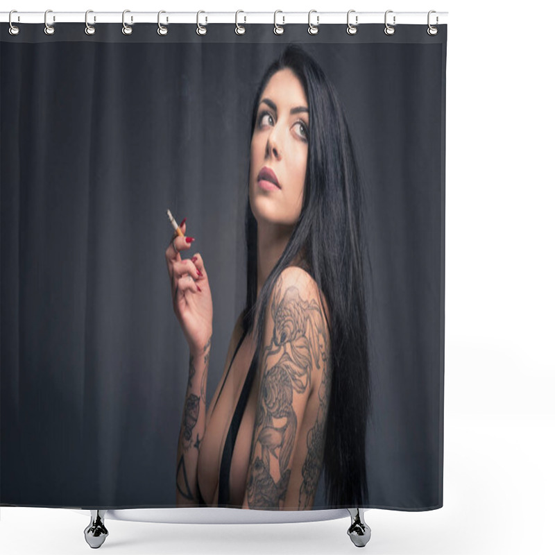 Personality  Close Up Portrait Of Beautiful Woman With Tattoo Smoking, Wearin Shower Curtains