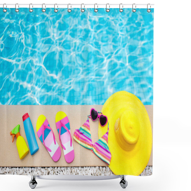 Personality  Pool And Beach Items Flat Lay. Summer Vacation. Shower Curtains