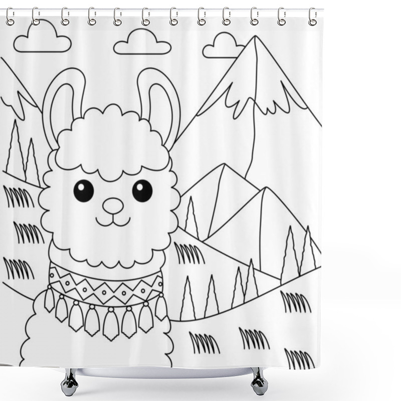 Personality  Cute Kawaii Llama Amidst Towering Peaks And Rolling Hills Cartoon Character Coloring Page Vector Illustration Shower Curtains