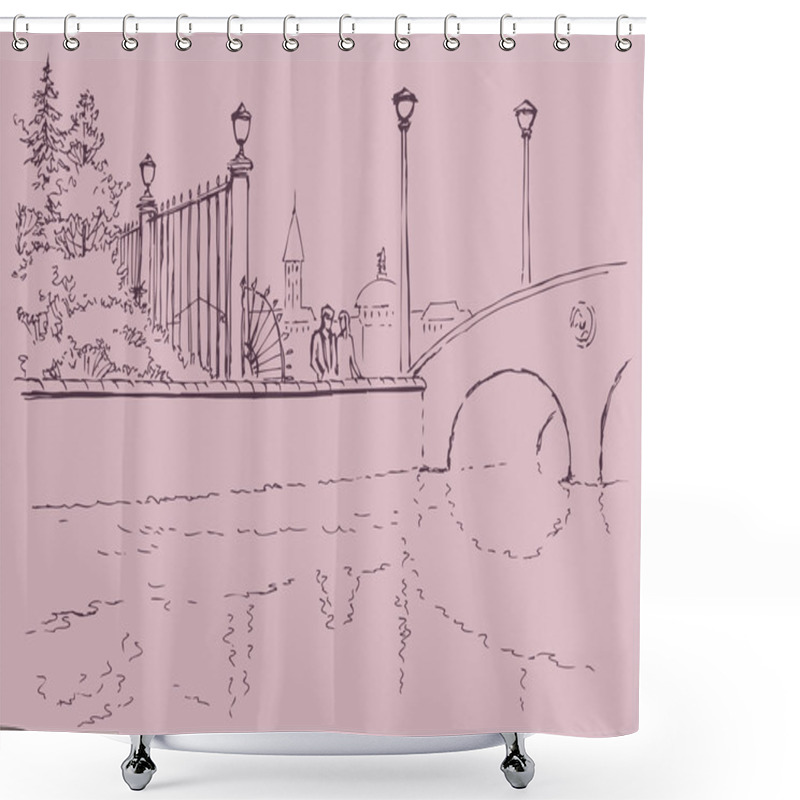 Personality  Vector Cityscape. Young Couple Talking On The Waterfront Shower Curtains