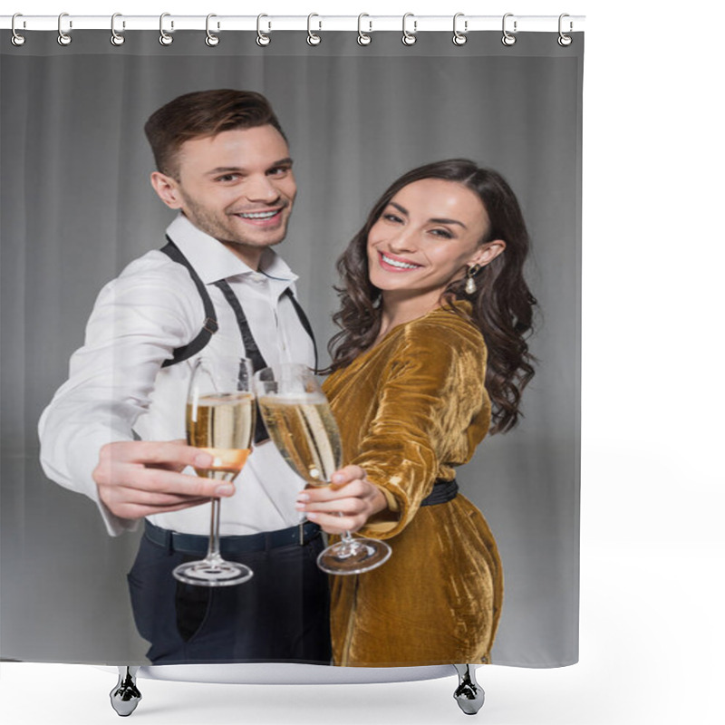 Personality  Happy Couple Clinking With Champagne Glasses Isolated On Grey Shower Curtains