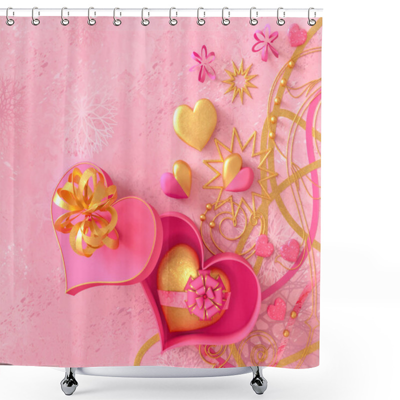 Personality  3d Rendering. Composition Figure Volumetric Brilliant Heart, Pink, Gold, Valentines Day Or Wedding Day Romantic Themes For Party, Events. Shower Curtains