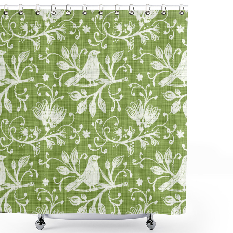 Personality  Watercolor Green Bird Motif Background. Hand Painted Earthy Whimsical Seamless Pattern. Modern Floral Linen Textile For Spring Summer Home Decor. Decorative Scandi Style Nature All Over Print Shower Curtains