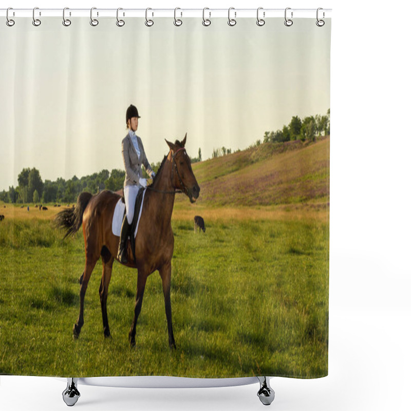 Personality  Young Woman Riding A Horse On The Green Field Shower Curtains